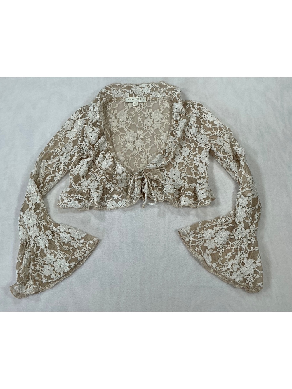 Thirty Thirty XS Sheer Floral Lace‎ Tie Front Bell Sleeve Crop Top Boho Beige
